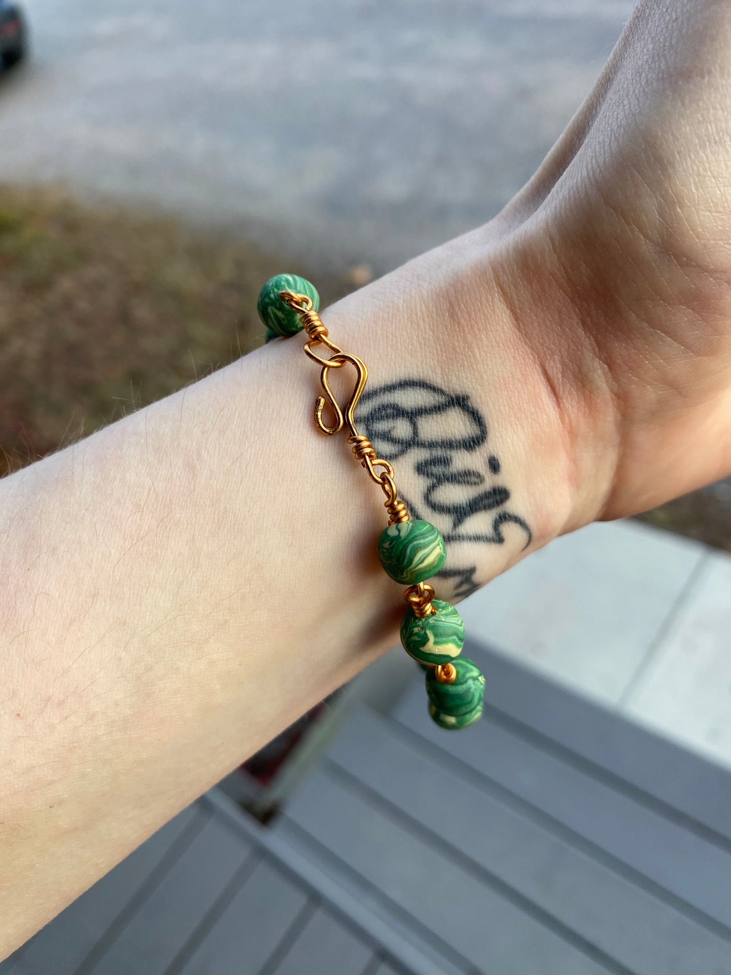 6mm Handmade FIMO Brass Bead Bracelet | Shamrock