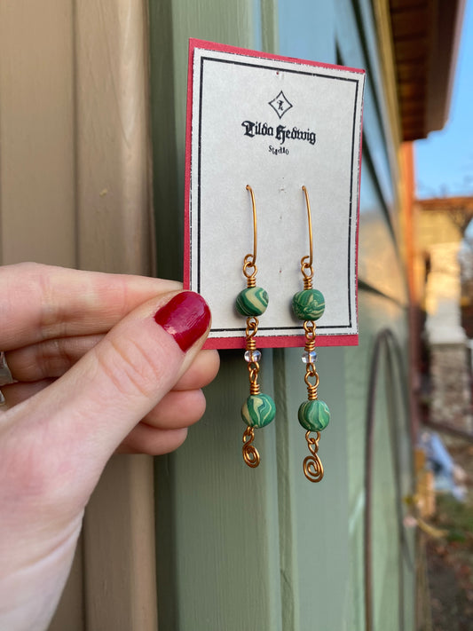 Brass and FIMO Dangle Earrings | Shamrock Swirl