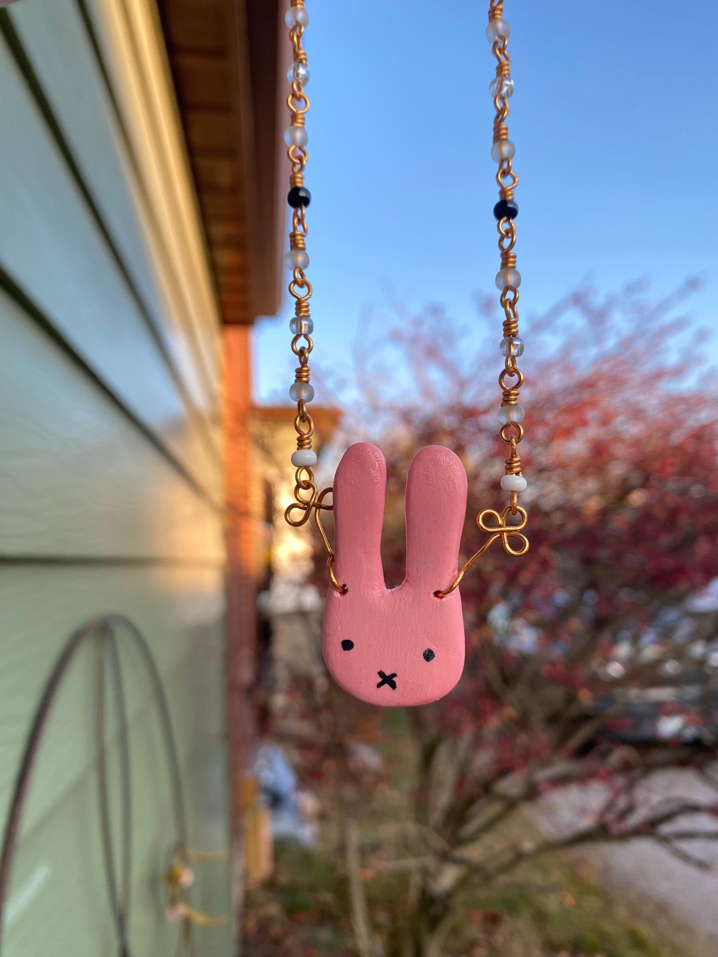 Pink Bunny and Czech Seed Bead Sweater Necklace | 24"