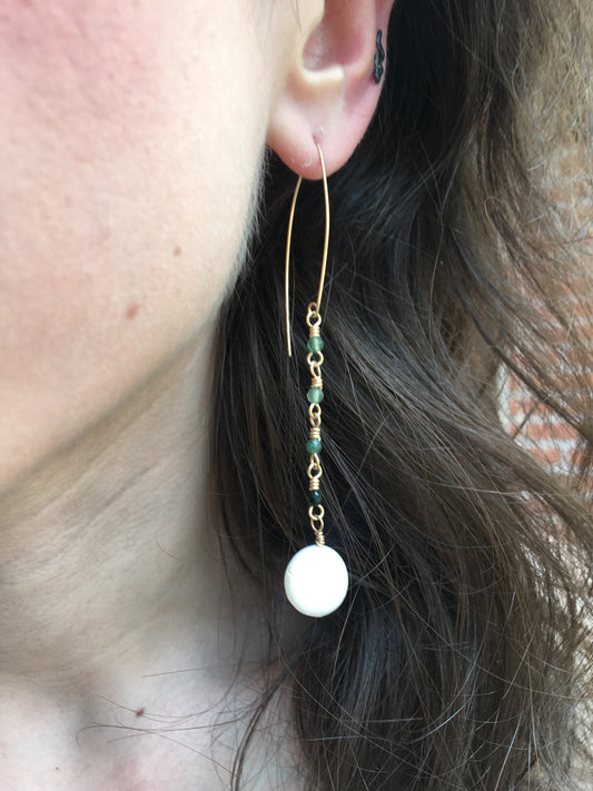 Jade + Coin Pearl Gold-Filled Wire Dangle Earrings