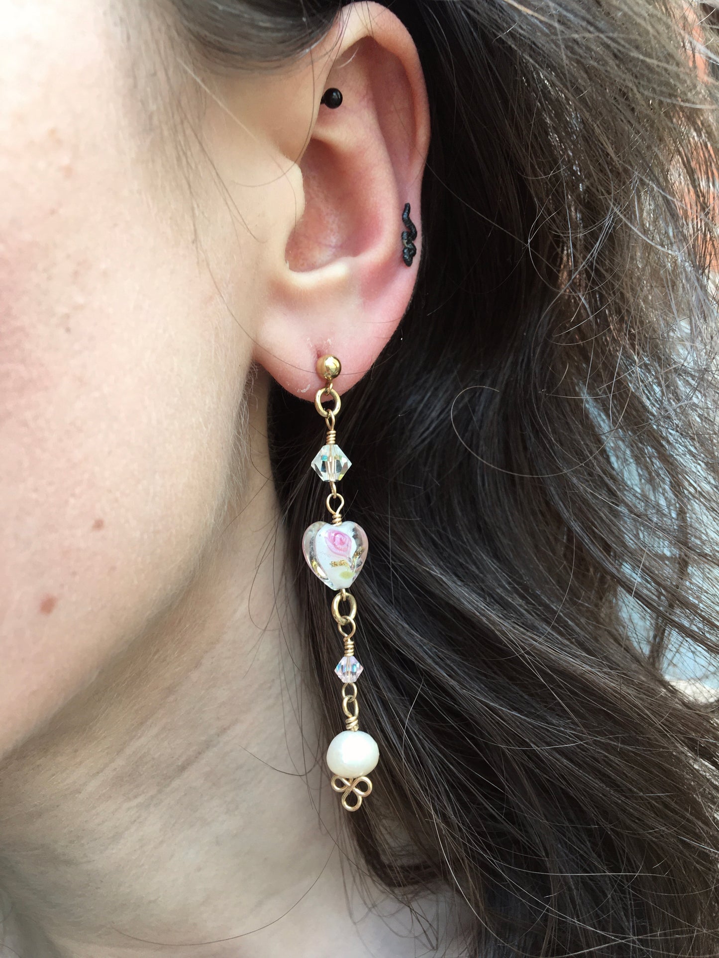 Mismatched Pearl, Swarovski, and Glass Heart Earrings | Gold-Filled