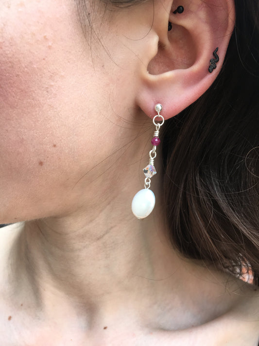 Swarovski, Ruby, + Coin Pearl Stud Dangle Earrings | Sterling Silver