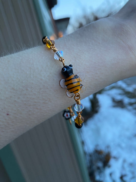 Brass Bee and Flower Bracelet | Glass and Czech Crystal Beads