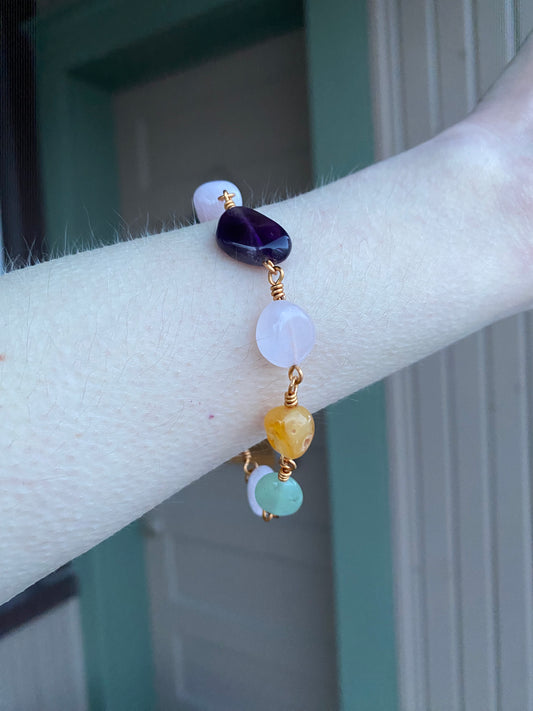 Brass Mixed-Stone Pebble Bracelet | Rose Quartz, Green Aventurine, Amethyst, and Agate