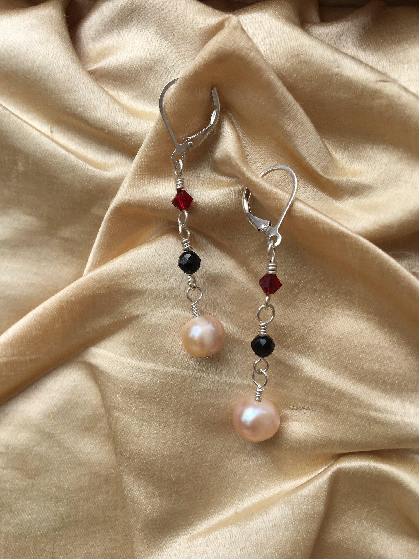 Black Spinel, Swarovski, and Cream Pearl Dangle Earrings | Sterling Silver French Clasp