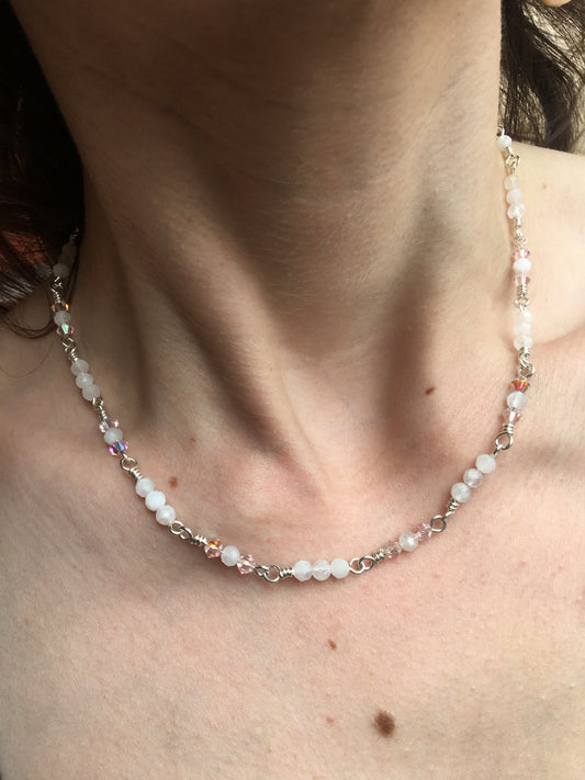 Pink Swarovski and Moonstone Rosary Link Necklace | Sterling Silver 14"